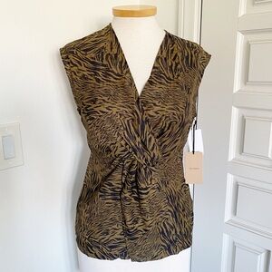 NWT Halogen Top Animal Tiger Print Brown Olive Black Sleeveless Blouse Size XS